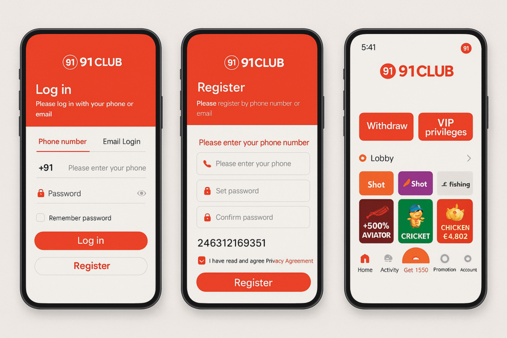 “91 Club app login and register page with referral code 246312169351” Login & Register Screenshots.