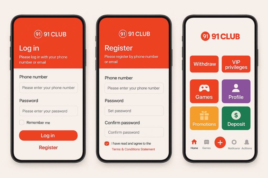 91 Club login and register official interface screenshot